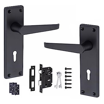 Golden Grace Victorian Straight Lever Lock Door Handles Key Lock Set Includes 3-inch ball bearing hinges, 64mm 3-lever lock with keys, and zinc handles in corrosion-resistant matte black. Golden Grace Victorian Straight Lever Lock Door Handles Key Lock Set Includes 3-inch ball bearing hinges, 64mm 3-lever lock with keys, and zinc handles in corrosion-resistant matte black.