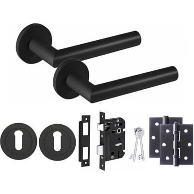 Golden Grace Mitred Key Lock Door Handles, Matt Black Finish, Key Lock Set Includes 64mm 3-lever mortise lock, spindles, screws, keyhole escutcheons and 3-inch ball bearing hinges. Golden Grace Mitred Key Lock Door Handles, Matt Black Finish, Key Lock Set Includes 64mm 3-lever mortise lock, spindles, screws, keyhole escutcheons and 3-inch ball bearing hinges.