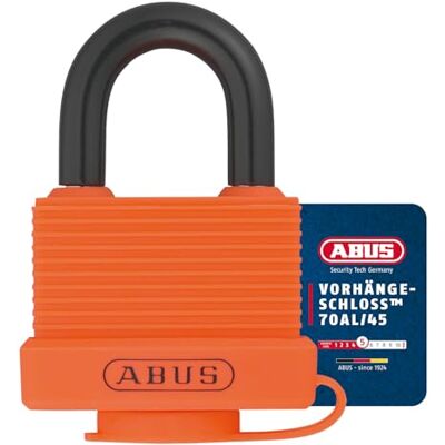 ABUS 70AL/45 Solid Aluminium Padlock Weatherproof with Protective Cap and Plastic Coating Security Level 5 Orange ABUS 70AL/45 Solid Aluminium Padlock Weatherproof with Protective Cap and Plastic Coating Security Level 5 Orange