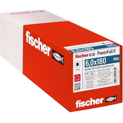 fischer PowerFull II 6.0 x 180 Premium Fully Threaded Screw (Pack of 100) with Innovative Tip Geometry, Steel Screw for Load-Bearing Wood Structures with Cylinder Head, Reduces Splitting Risk fischer PowerFull II 6.0 x 180 Premium Fully Threaded Screw (Pack of 100) with Innovative Tip Geometry, Steel Screw for Load-Bearing Wood Structures with Cylinder Head, Reduces Splitting Risk