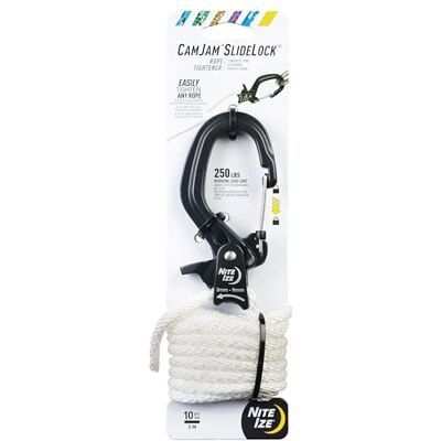 Nite Ize CamJam SlideLock Rope Tensioner & 3m Nylon Rope with Pull Lock and Quick Release Lever 100lb Load Limit Fits Rope Sizes 3-6mm Large Nite Ize CamJam SlideLock Rope Tensioner & 3m Nylon Rope with Pull Lock and Quick Release Lever 100lb Load Limit Fits Rope Sizes 3-6mm Large