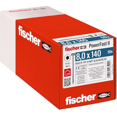 fischer PowerFast II HWTF 8.0 x 140, Powerful Wood Screws with Hex Head, Inner Star Socket and Full Thread, for Constructive Wood Construction, Pack of 50 fischer PowerFast II HWTF 8.0 x 140, Powerful Wood Screws with Hex Head, Inner Star Socket and Full Thread, for Constructive Wood Construction, Pack of 50