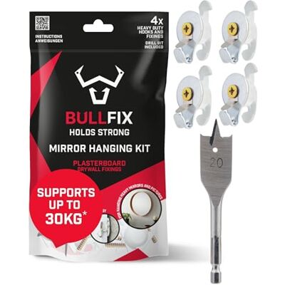Bullfix Mirror and Picture Hanging Kit, Heavy Duty Plasterboard Fixings for Pictures, Mirrors and Canvas, 4 Universal Fixings with Grips, Hooks and 20mm Drill, Sea Fixings Heavy Duty for Mirrors & Canvases, 4 Universal Anchors with Collars, Hooks & a 20 Bullfix Mirror and Picture Hanging Kit, Heavy Duty Plasterboard Fixings for Pictures, Mirrors and Canvas, 4 Universal Fixings with Grips, Hooks and 20mm Drill, Sea Fixings Heavy Duty for Mirrors & Canvases, 4 Universal Anchors with Collars, Hooks & a 20