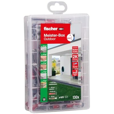fischer 561385 Wet & Exterior Dowel Box 130 Pieces with Stainless Steel Screws & Duopower & Duoseal Set for Fixings Outdoor and Indoor Practical Helper, Red fischer 561385 Wet & Exterior Dowel Box 130 Pieces with Stainless Steel Screws & Duopower & Duoseal Set for Fixings Outdoor and Indoor Practical Helper, Red