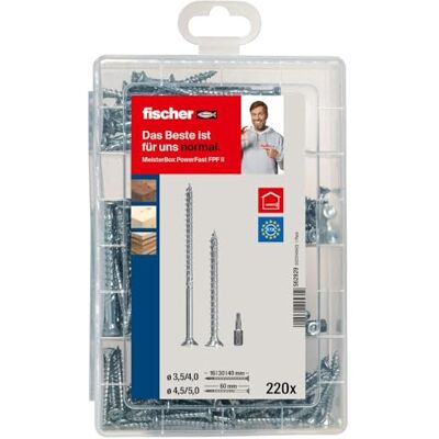 fischer Meister-Box PowerFast II Chipboard Screw, Presorted Assortment Box with 220 Blue-Galvanised Screws & 2 Bits, Countersunk Head, TX Drive, Partial & Full Thread, Universal Set for Mounting fischer Meister-Box PowerFast II Chipboard Screw, Presorted Assortment Box with 220 Blue-Galvanised Screws & 2 Bits, Countersunk Head, TX Drive, Partial & Full Thread, Universal Set for Mounting