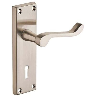 Designer Levers Victorian Scroll Lever Lock Door Handle, Satin Nickel For interior doors; fixings included; supplied as a pair; lockable door handle; zinc construction. Designer Levers Victorian Scroll Lever Lock Door Handle, Satin Nickel For interior doors; fixings included; supplied as a pair; lockable door handle; zinc construction.