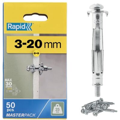 Rapid Hollow Wall Anchors, 3-20 mm, Pack of 50 Metal Plasterboard Fixings Heavy Duty 25 kg Load, 3-20 mm Wall Thickness Cavity Wall Fixings, Wall Plugs, Plasterboard & Chipboard Plugs (5001562) Rapid Hollow Wall Anchors, 3-20 mm, Pack of 50 Metal Plasterboard Fixings Heavy Duty 25 kg Load, 3-20 mm Wall Thickness Cavity Wall Fixings, Wall Plugs, Plasterboard & Chipboard Plugs (5001562)