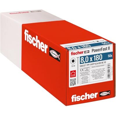 fischer PowerFast II WTP 8.0 x 180, Powerful Wood Screws with Flat Head, Inner Star Socket and Partial Thread, for Structural Wood Construction, Pack of 50 fischer PowerFast II WTP 8.0 x 180, Powerful Wood Screws with Flat Head, Inner Star Socket and Partial Thread, for Structural Wood Construction, Pack of 50