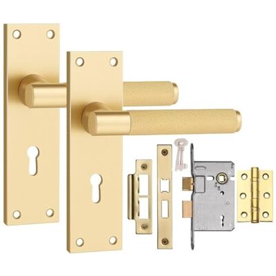 Golden Grace T-Bar Knurled Lock Door Handle, Satin Brushed Brass Includes ball bearing hinges, spindle, 3-lever lock, and fixing screws for quick, hassle-free installation on internal doors. Golden Grace T-Bar Knurled Lock Door Handle, Satin Brushed Brass Includes ball bearing hinges, spindle, 3-lever lock, and fixing screws for quick, hassle-free installation on internal doors.