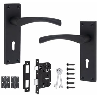 Golden Grace Victorian Astrid Lever Lock Door Handles Set, Matt Black Includes 1 pair of 3-inch ball bearing hinges, 64mm 3-lever lock and keys for a complete internal wooden door setup. Golden Grace Victorian Astrid Lever Lock Door Handles Set, Matt Black Includes 1 pair of 3-inch ball bearing hinges, 64mm 3-lever lock and keys for a complete internal wooden door setup.