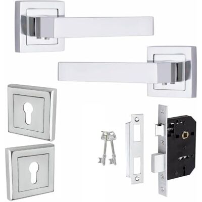 Golden Grace Delta Key Lock Door Handles Set, 2.5" Lock, Polished Chrome Includes 3 lever lock, keyhole escutcheon and screws for quick installation, with a sleek polished chrome square rose finish. Golden Grace Delta Key Lock Door Handles Set, 2.5" Lock, Polished Chrome Includes 3 lever lock, keyhole escutcheon and screws for quick installation, with a sleek polished chrome square rose finish.