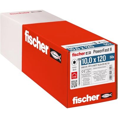 fischer PowerFast II HWTF 10.0 x 120, Powerful Wood Screws with Hex Head, Inner Star Socket and Full Thread, for Constructive Wood Construction, Pack of 50 fischer PowerFast II HWTF 10.0 x 120, Powerful Wood Screws with Hex Head, Inner Star Socket and Full Thread, for Constructive Wood Construction, Pack of 50