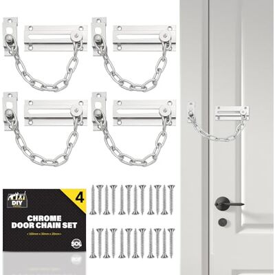 SOL 4pk Chrome Door Chain Kit Heavy Duty Front Door Restrictor, uPVC For home security and controlled entry, easy install, fits most doors including uPVC SOL 4pk Chrome Door Chain Kit Heavy Duty Front Door Restrictor, uPVC For home security and controlled entry, easy install, fits most doors including uPVC