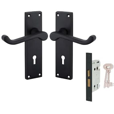 Golden Grace Victorian Scroll Lever Lock Handles 150x40mm, Key Lock Set Supplied with a 2.5-inch mortise lock, two keys, spindle and screws for a complete matt black metal door installation. Golden Grace Victorian Scroll Lever Lock Handles 150x40mm, Key Lock Set Supplied with a 2.5-inch mortise lock, two keys, spindle and screws for a complete matt black metal door installation.