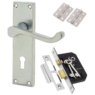 Golden Grace Victorian Scroll Door Handles Lock Pack, Satin Brushed Chrome Includes 150mm x 40mm backplates, 3-inch butt hinges, 2 keys, a 2-lever lock, and all screws for a complete installation. Golden Grace Victorian Scroll Door Handles Lock Pack, Satin Brushed Chrome Includes 150mm x 40mm backplates, 3-inch butt hinges, 2 keys, a 2-lever lock, and all screws for a complete installation.