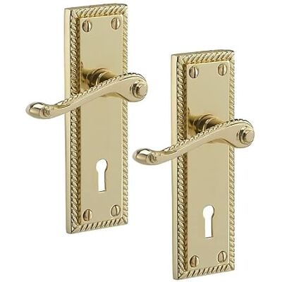 Golden Grace Georgian Lever Lock Handle 150mm x 48mm, Polished Brass Includes spindle and screws for quick installation, with a polished brass finish on metal to refresh interior doors. Golden Grace Georgian Lever Lock Handle 150mm x 48mm, Polished Brass Includes spindle and screws for quick installation, with a polished brass finish on metal to refresh interior doors.