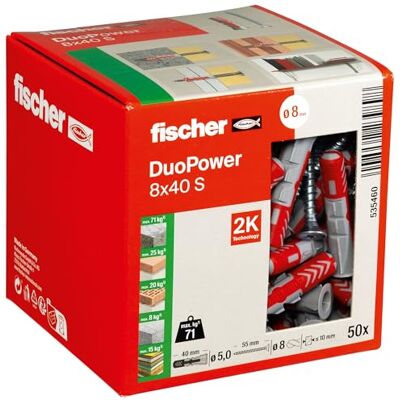 fischer DuoPower 8 x 40 S, Powerful Universal Plug with Safety Screw, Intelligent 2-Component Technology for fastenings in Concrete, Bricks, Stone, Gypsum plasterboard, etc., 50 Plugs & 50 Screws fischer DuoPower 8 x 40 S, Powerful Universal Plug with Safety Screw, Intelligent 2-Component Technology for fastenings in Concrete, Bricks, Stone, Gypsum plasterboard, etc., 50 Plugs & 50 Screws