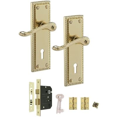 Golden Grace Georgian Lever Lock Handle Set, 150x48mm Polished Brass Complete lock kit includes 64mm 3-lever sash lock, 2 keys, 3-inch butt hinges, spindle, and matching screws for quick setup. Golden Grace Georgian Lever Lock Handle Set, 150x48mm Polished Brass Complete lock kit includes 64mm 3-lever sash lock, 2 keys, 3-inch butt hinges, spindle, and matching screws for quick setup.
