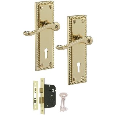 Golden Grace Georgian Lever Lock Door Handle Set, 150x48mm Polished Brass Includes a 64mm 3-lever mortise lock, spindle, screws, and keys for a complete, secure installation on interior doors. Golden Grace Georgian Lever Lock Door Handle Set, 150x48mm Polished Brass Includes a 64mm 3-lever mortise lock, spindle, screws, and keys for a complete, secure installation on interior doors.