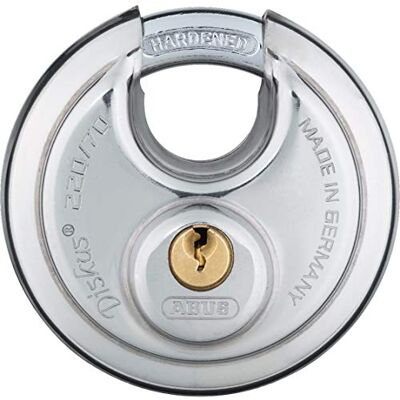 ABUS Discus Padlock 220/70 Made of Stainless Steel with 360° All-Round Protection Security Level 7 incl. 2 Keys Silver ABUS Discus Padlock 220/70 Made of Stainless Steel with 360° All-Round Protection Security Level 7 incl. 2 Keys Silver