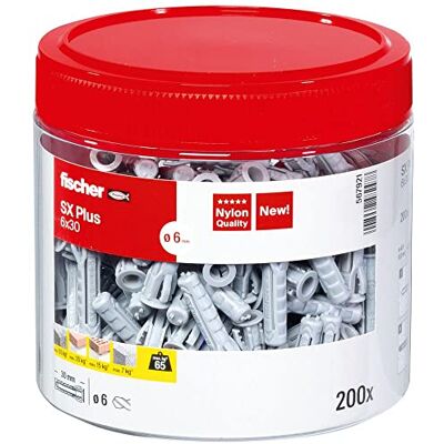 fischer 567921 SX Plus Expansion Wall Plug, 6mm x 30mm, Tin of 200 Plugs fischer 567921 SX Plus Expansion Wall Plug, 6mm x 30mm, Tin of 200 Plugs