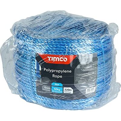 TIMCO Polypropylene Blue Rope – General purpose – Great for towing, mooring, strapping, cable draw cord and as a washing line 6mm x 220m TIMCO Polypropylene Blue Rope – General purpose – Great for towing, mooring, strapping, cable draw cord and as a washing line 6mm x 220m