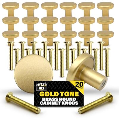 SOL 20pk Gold Brass Round Cabinet Knobs Elegant Kitchen Cupboard Handles Rust resistant finish, includes matching screws, for wardrobes, drawers and furniture restoration SOL 20pk Gold Brass Round Cabinet Knobs Elegant Kitchen Cupboard Handles Rust resistant finish, includes matching screws, for wardrobes, drawers and furniture restoration