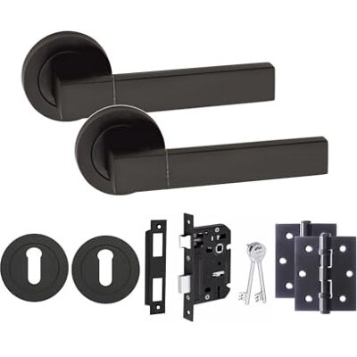 Golden Grace Capri Door Handles Set, Matt Black, Key Lock Set Includes 3" ball bearing hinges, a 64mm 3-lever lock, escutcheons, and fixing screws for a complete, secure installation. Golden Grace Capri Door Handles Set, Matt Black, Key Lock Set Includes 3" ball bearing hinges, a 64mm 3-lever lock, escutcheons, and fixing screws for a complete, secure installation.