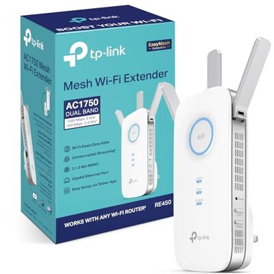 TP-LINK RE450 AC1750Mbps Dual-Band WiFi Extender Booster, Simultaneous 450Mbps on 2.4GHz + 1300Mbps on 5GHz, Range Extender Hotspot with 1 Gigabit Port and 3 External Antennas, Access Point Mode TP-LINK RE450 AC1750Mbps Dual-Band WiFi Extender Booster, Simultaneous 450Mbps on 2.4GHz + 1300Mbps on 5GHz, Range Extender Hotspot with 1 Gigabit Port and 3 External Antennas, Access Point Mode