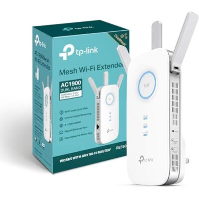 TP-LINK RE550 AC1900 WiFi Extender Booster, Dual Band WiFi Booster, 3 Antennas, Gigabit Ethernet Port, Intelligent Monitor, AP Mode, APP Control, Ultimate Compatibility WiFi Mesh, Easy Setup TP-LINK RE550 AC1900 WiFi Extender Booster, Dual Band WiFi Booster, 3 Antennas, Gigabit Ethernet Port, Intelligent Monitor, AP Mode, APP Control, Ultimate Compatibility WiFi Mesh, Easy Setup