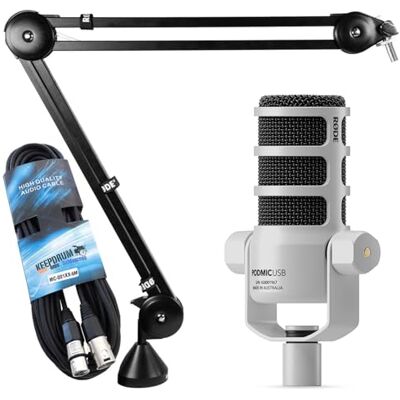 RØDE Rode Podmic USB XLR Dynamic Speaker Microphone White with PSA-1 Articulated Arm Tripod and Keepdrum XLR Cable RØDE Rode Podmic USB XLR Dynamic Speaker Microphone White with PSA-1 Articulated Arm Tripod and Keepdrum XLR Cable