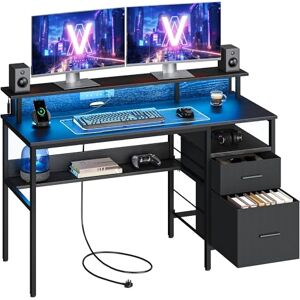 VASAGLE Computer Desk with Fabric Drawers, Study Desk with Monitor Stand, LED Lighting, 55 x 135 x 90 cm, Built-in Power Outlets, 2 USB-A Ports, for Home Office, Ebony Black LWD094B01 VASAGLE Computer Desk with Fabric Drawers, Study Desk with Monitor Stand, LED Lighting, 55 x 135 x 90 cm, Built-in Power Outlets, 2 USB-A Ports, for Home Office, Ebony Black LWD094B01