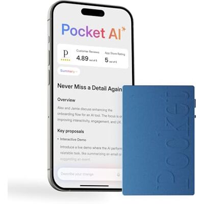 Pocket AI Voice Recorder, Auto Transcription, AI Note Taker, Sierra Blue Recording Device, Action Items, Mind Maps, Ask , 4-Day Battery, MagSafe, iOS & Android Pocket AI Voice Recorder, Auto Transcription, AI Note Taker, Sierra Blue Recording Device, Action Items, Mind Maps, Ask , 4-Day Battery, MagSafe, iOS & Android