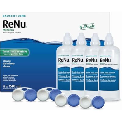 Renu MultiPlus Multi-Purpose Contact Lens Solution, 4 x 240 ml Bausch + Lomb, Soft Contact Lenses, Fresh Lens Comfort, Prevent Lens Dryness, Built-in Protein Remover Renu MultiPlus Multi-Purpose Contact Lens Solution, 4 x 240 ml Bausch + Lomb, Soft Contact Lenses, Fresh Lens Comfort, Prevent Lens Dryness, Built-in Protein Remover