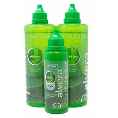 Avizor Alvera Lens Solution with Aloe Vera Pack 2x350ml + 100ml Travel Bottle Lens Cleaning and Disinfection with Aloe Vera Suitable for All Types of Soft Contact Lenses Avizor Alvera Lens Solution with Aloe Vera Pack 2x350ml + 100ml Travel Bottle Lens Cleaning and Disinfection with Aloe Vera Suitable for All Types of Soft Contact Lenses
