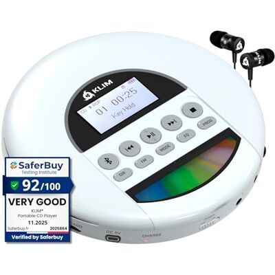 KLIM Nomad Portable CD Player, Discman with Headphones, FM Radio Bluetooth Preloads Seconds of Music Preventing Skips, Delivers Lossless Audio Quality on the Go, Rechargeable Battery KLIM Nomad Portable CD Player, Discman with Headphones, FM Radio Bluetooth Preloads Seconds of Music Preventing Skips, Delivers Lossless Audio Quality on the Go, Rechargeable Battery