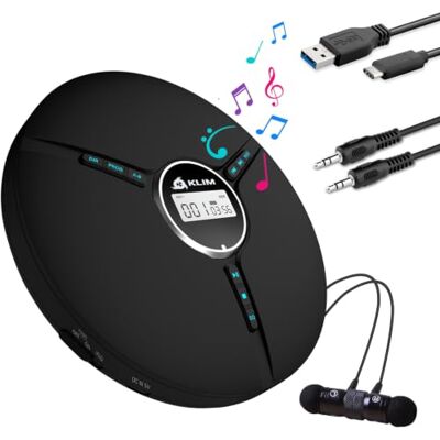 KLIM Discman Portable CD Player with Headphones, Built-in Battery, MP3 Skip-Free and Shock-Resistant Playback, 5 EQ Effects, Supports SD Cards, WMA Files Black KLIM Discman Portable CD Player with Headphones, Built-in Battery, MP3 Skip-Free and Shock-Resistant Playback, 5 EQ Effects, Supports SD Cards, WMA Files Black