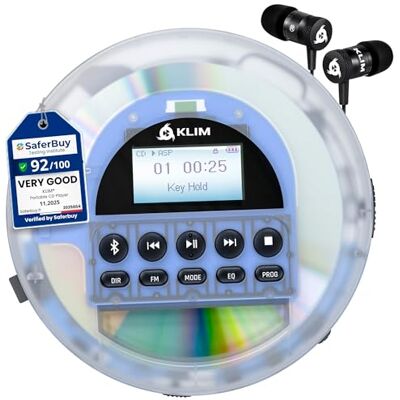 KLIM Nomad Portable CD Player, Discman with Headphones, FM Radio Bluetooth Preloads Seconds of Music Preventing Skips, Delivers Lossless Audio Quality on the Go, Long Lasting Battery Transparent KLIM Nomad Portable CD Player, Discman with Headphones, FM Radio Bluetooth Preloads Seconds of Music Preventing Skips, Delivers Lossless Audio Quality on the Go, Long Lasting Battery Transparent
