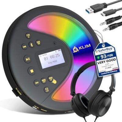 KLIM Discover Portable CD Player with Headphones, Radio FM, MP3 and Bluetooth Long-Lasting Battery, SD Card Reader, AUX Connection, Speed Control, Recording Black-Gold KLIM Discover Portable CD Player with Headphones, Radio FM, MP3 and Bluetooth Long-Lasting Battery, SD Card Reader, AUX Connection, Speed Control, Recording Black-Gold