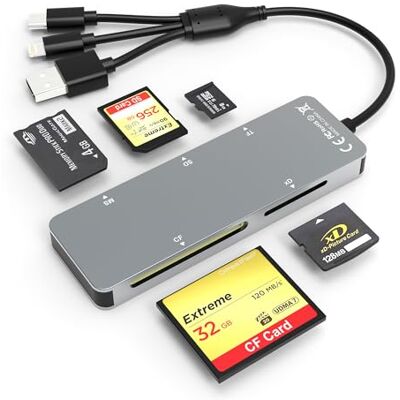 Ardaddyn SD/TF/MS/CF/XD Card Reader Memory Stick Pro Duo Adapter Multi Memory Card Reader Supports Micro SD/SD/Compact Flash/XD Picture Card, Lightning+USB A+USB C Camera Card Reader for iPhone/iPad/Mac Ardaddyn SD/TF/MS/CF/XD Card Reader Memory Stick Pro Duo Adapter Multi Memory Card Reader Supports Micro SD/SD/Compact Flash/XD Picture Card, Lightning+USB A+USB C Camera Card Reader for iPhone/iPad/Mac