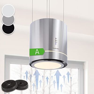KLARSTEIN Tron Ambience Island Cooker Hood Kitchen Extractor Fan, Extractor Hood, 38 x 45 cm (ØxW) / 60 cm Suspension, Recirculation in 3 Stages, 540 m³/h, LED Lighting, EEC A, Silver KLARSTEIN Tron Ambience Island Cooker Hood Kitchen Extractor Fan, Extractor Hood, 38 x 45 cm (ØxW) / 60 cm Suspension, Recirculation in 3 Stages, 540 m³/h, LED Lighting, EEC A, Silver