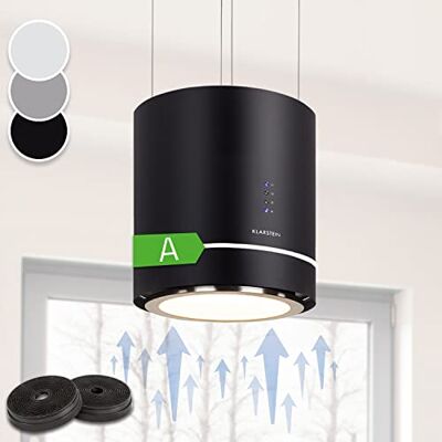 KLARSTEIN Tron Ambience Island Cooker Hood Kitchen Extractor Fan, Extractor Hood, 38 x 45 cm (ØxW) / 60 cm Suspension, Recirculation in 3 Stages, 540 m³/h, LED Lighting, Black KLARSTEIN Tron Ambience Island Cooker Hood Kitchen Extractor Fan, Extractor Hood, 38 x 45 cm (ØxW) / 60 cm Suspension, Recirculation in 3 Stages, 540 m³/h, LED Lighting, Black