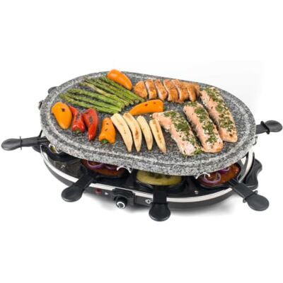GILES & POSNER Stone Raclette Grill, Electric Tabletop Set, 8 Person 8 Raclette Pans, 8 Wooden Spatulas, Adjustable Temperature Dial, Ready Indicator Light, 1200 W, Non Stick Easy Clean Surface GILES & POSNER Stone Raclette Grill, Electric Tabletop Set, 8 Person 8 Raclette Pans, 8 Wooden Spatulas, Adjustable Temperature Dial, Ready Indicator Light, 1200 W, Non Stick Easy Clean Surface