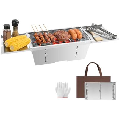 Uten Portable Folding BBQ Grill, Stainless Steel Charcoal Barbecue with Folding Condiment Plate, Storage Bag, Gloves, Desk Tabletop BBQ for Garden Outdoor Beach Cooking Camping Hiking Picnics Uten Portable Folding BBQ Grill, Stainless Steel Charcoal Barbecue with Folding Condiment Plate, Storage Bag, Gloves, Desk Tabletop BBQ for Garden Outdoor Beach Cooking Camping Hiking Picnics