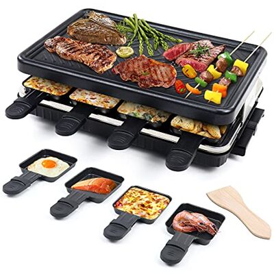 hengbo Raclette Grill 8 People Non-Stick Coating Electric Grill Machine with 8 Mini Raclette Pans and 4 Wooden Spatulas for Indoor Use hengbo Raclette Grill 8 People Non-Stick Coating Electric Grill Machine with 8 Mini Raclette Pans and 4 Wooden Spatulas for Indoor Use