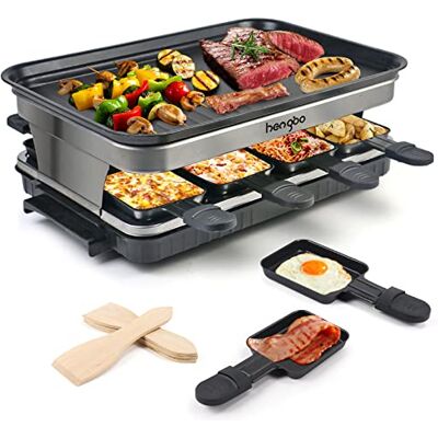 hengbo Raclette Grill 8 Person Raclette Machine 8 Mini Non Stick Pan for Raclette Cheese Dishes Cooking Party Kitchen Appliances Health Electric Grill Indoor 1 Steak Pan 4 Wooden Spatula, 1500W hengbo Raclette Grill 8 Person Raclette Machine 8 Mini Non Stick Pan for Raclette Cheese Dishes Cooking Party Kitchen Appliances Health Electric Grill Indoor 1 Steak Pan 4 Wooden Spatula, 1500W