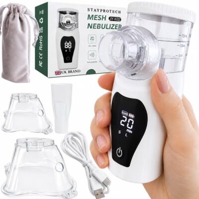 STAYPROTECH Portable Nebuliser for Adults & Kids Rechargeable Steam Inhaler Strong Fine Mist, Sinus Steamer, USB-C Long battery life, 15ml Large Cup, Auto-Shurdown Handheld Digital Nebulizer. STAYPROTECH Portable Nebuliser for Adults & Kids Rechargeable Steam Inhaler Strong Fine Mist, Sinus Steamer, USB-C Long battery life, 15ml Large Cup, Auto-Shurdown Handheld Digital Nebulizer.
