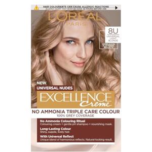 L'Oreal Paris L’Oréal Excellence Permanent Hair Dye Colouring Cream, 100% Grey Coverage, With Pro-Keratin + Ammonia-Free, Universal Nudes, 8U Light Blonde L'Oreal Paris L’Oréal Excellence Permanent Hair Dye Colouring Cream, 100% Grey Coverage, With Pro-Keratin + Ammonia-Free, Universal Nudes, 8U Light Blonde