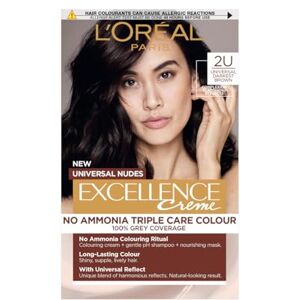L'Oreal Paris L’Oréal Excellence Permanent Hair Dye, 100% Grey Coverage, With Pro-Keratin + Ammonia-Free, Triple Care Colour For A Natural Look, Shade: 2U Darkest Brown L'Oreal Paris L’Oréal Excellence Permanent Hair Dye, 100% Grey Coverage, With Pro-Keratin + Ammonia-Free, Triple Care Colour For A Natural Look, Shade: 2U Darkest Brown