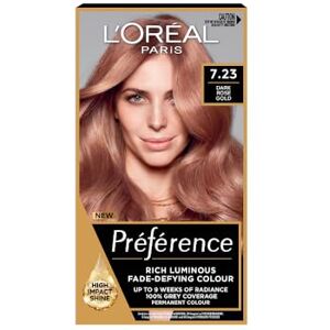 L'Oreal Paris Preference 7.23 Dark Rose Gold: Long-lasting, luminous permanent hair colour. Experience radiant, salon-inspired results with this beautiful dark rose gold, for shimmering, trendy colour. L'Oreal Paris Preference 7.23 Dark Rose Gold: Long-lasting, luminous permanent hair colour. Experience radiant, salon-inspired results with this beautiful dark rose gold, for shimmering, trendy colour.